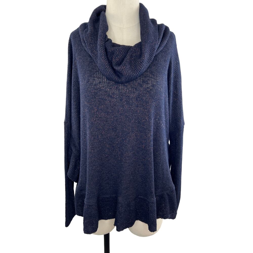 Anthropologie Postmark Blue Metallic Rib Knit Cowl Neck Relaxed Sweater XS